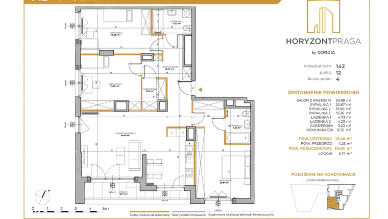 Rzut - Mieszkanie na sprzedaż 4 pokoje o powierzchni 115,75 m² - numer 142 w Horyzont Praga