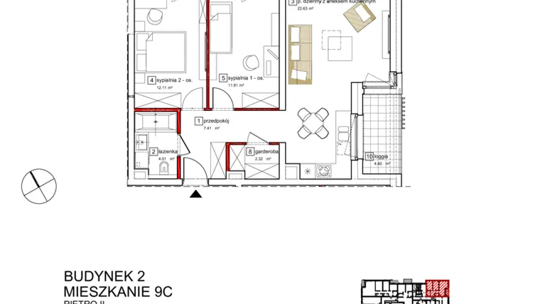 Rzut - Mieszkanie na sprzedaż 3 pokoje o powierzchni 62,23 m² - numer B2.C.2.009 w Apartamenty Karolinki