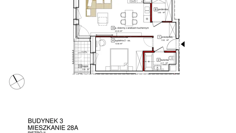 Rzut - Mieszkanie na sprzedaż 2 pokoje o powierzchni 50,68 m² - numer B3.A.2.028 w Apartamenty Karolinki