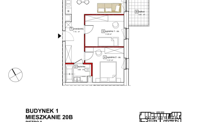 Rzut - Mieszkanie na sprzedaż 3 pokoje o powierzchni 54,37 m² - numer B1.B.2.020 w Apartamenty Karolinki