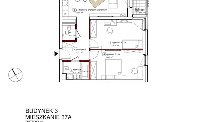 Rzut - Mieszkanie na sprzedaż 3 pokoje o powierzchni 68,57 m² - numer B3.A.3.037 w Apartamenty Karolinki