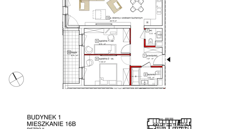 Rzut - Mieszkanie na sprzedaż 3 pokoje o powierzchni 65,49 m² - numer B1.B.2.016 w Apartamenty Karolinki
