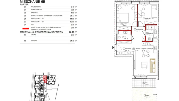 Rzut - Mieszkanie na sprzedaż 3 pokoje o powierzchni 68,79 m² - numer B2.B.0.006 w Apartamenty Karolinki
