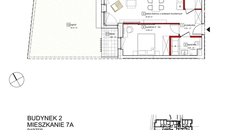 Rzut - Mieszkanie na sprzedaż 2 pokoje o powierzchni 52,22 m² - numer B2.A.0.007 w Apartamenty Karolinki