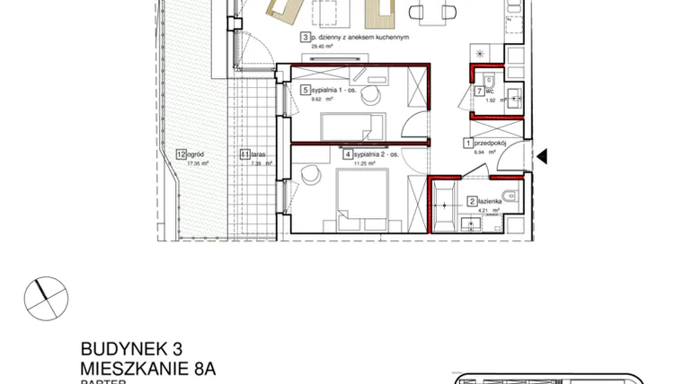 Rzut - Mieszkanie na sprzedaż 3 pokoje o powierzchni 65,93 m² - numer B3.A.0.008 w Apartamenty Karolinki