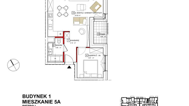 Rzut - Mieszkanie na sprzedaż 2 pokoje o powierzchni 42,79 m² - numer B1.A.1.005 w Apartamenty Karolinki