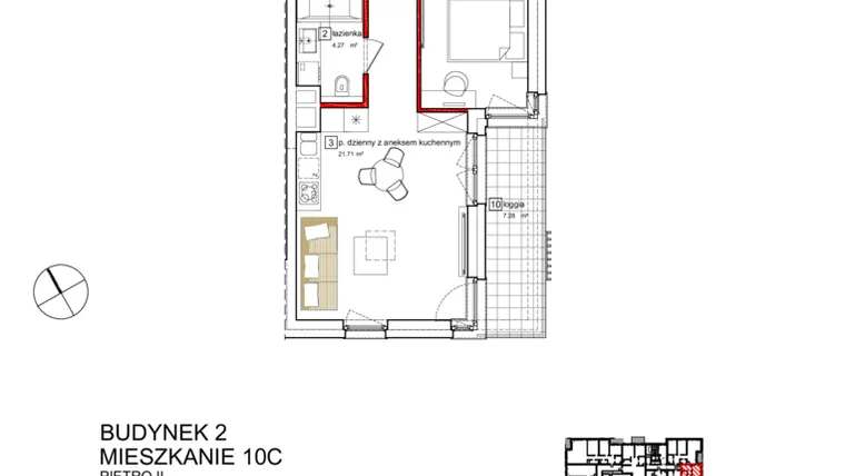 Rzut - Mieszkanie na sprzedaż 2 pokoje o powierzchni 49,21 m² - numer B2.C.2.010 w Apartamenty Karolinki