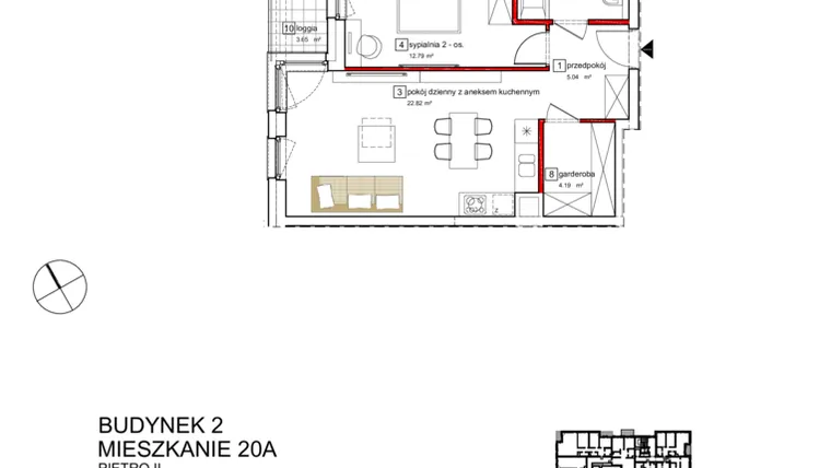 Rzut - Mieszkanie na sprzedaż 2 pokoje o powierzchni 50,93 m² - numer B2.A.2.020 w Apartamenty Karolinki