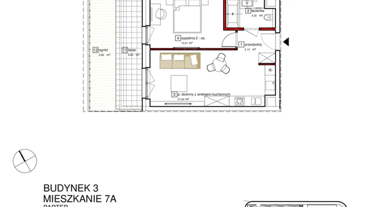 Rzut - Mieszkanie na sprzedaż 2 pokoje o powierzchni 43,2 m² - numer B3.A.0.007 w Apartamenty Karolinki