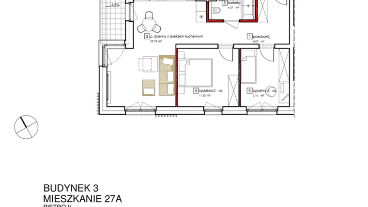 Rzut - Mieszkanie na sprzedaż 3 pokoje o powierzchni 61,16 m² - numer B3.A.2.027 w Apartamenty Karolinki