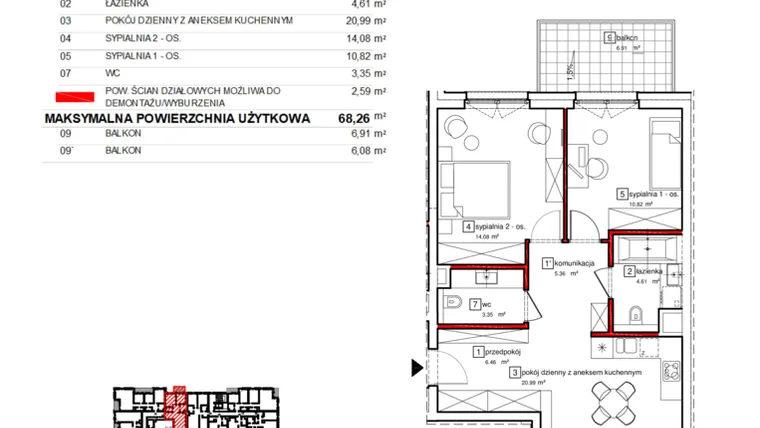 Rzut - Mieszkanie na sprzedaż 3 pokoje o powierzchni 68,26 m² - numer B3.A.2.034 w Apartamenty Karolinki