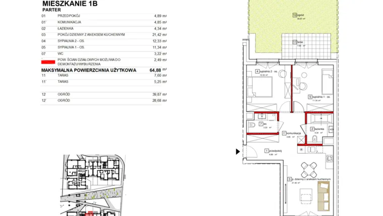 Rzut - Mieszkanie na sprzedaż 3 pokoje o powierzchni 64,88 m² - numer B1.B.0.001 w Apartamenty Karolinki