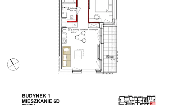 Rzut - Mieszkanie na sprzedaż 2 pokoje o powierzchni 49,21 m² - numer B1.D.1.006 w Apartamenty Karolinki