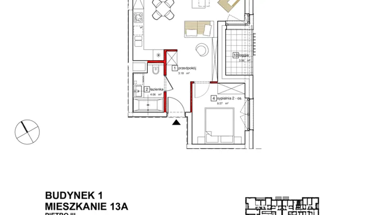Rzut - Mieszkanie na sprzedaż 2 pokoje o powierzchni 42,79 m² - numer B1.A.3.013 w Apartamenty Karolinki
