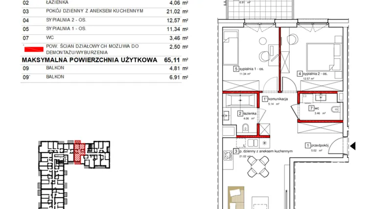 Rzut - Mieszkanie na sprzedaż 3 pokoje o powierzchni 65,11 m² - numer B1.D.2.014 w Apartamenty Karolinki