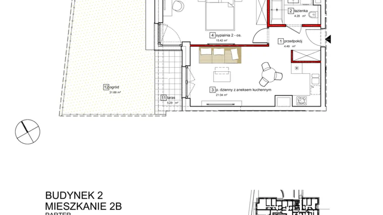 Rzut - Mieszkanie na sprzedaż 2 pokoje o powierzchni 46,75 m² - numer B2.B.0.002 w Apartamenty Karolinki