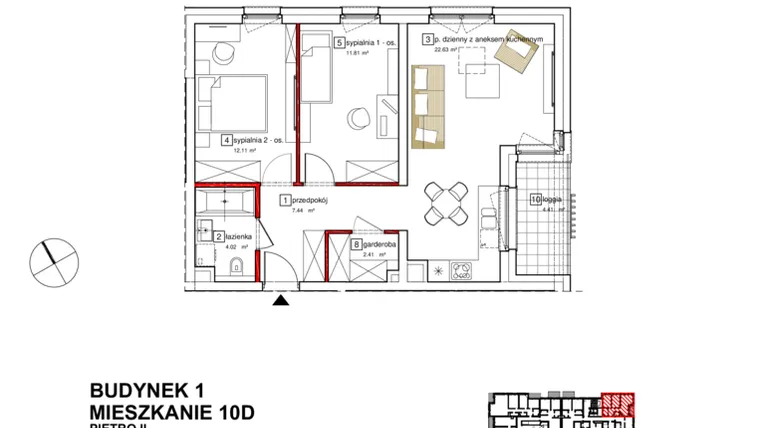 Rzut - Mieszkanie na sprzedaż 3 pokoje o powierzchni 62,34 m² - numer B1.D.2.010 w Apartamenty Karolinki