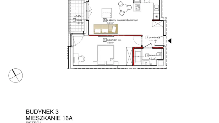 Rzut - Mieszkanie na sprzedaż 2 pokoje o powierzchni 49,69 m² - numer B3.A.1.016 w Apartamenty Karolinki