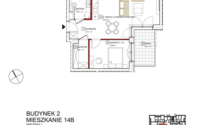 Rzut - Mieszkanie na sprzedaż 2 pokoje o powierzchni 48,16 m² - numer B2.B.1.014 w Apartamenty Karolinki