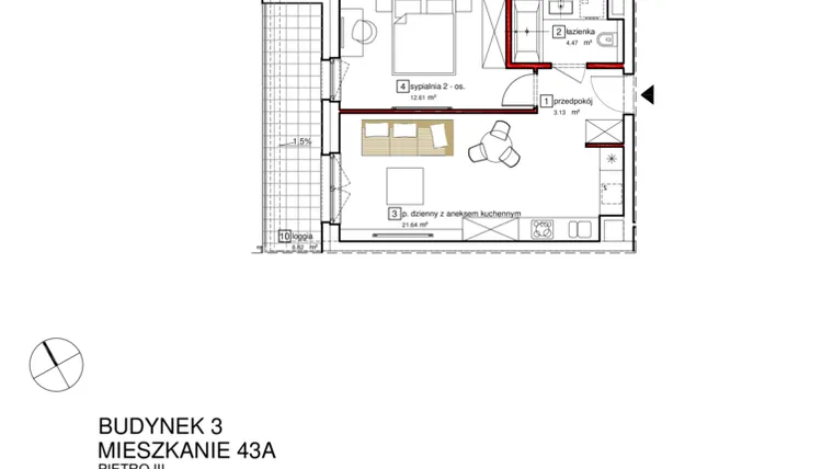 Rzut - Mieszkanie na sprzedaż 2 pokoje o powierzchni 43,33 m² - numer B3.A.3.043 w Apartamenty Karolinki