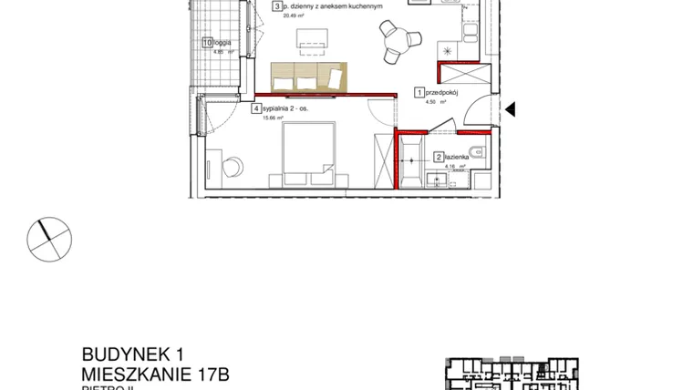 Rzut - Mieszkanie na sprzedaż 2 pokoje o powierzchni 46,29 m² - numer B1.B.2.017 w Apartamenty Karolinki