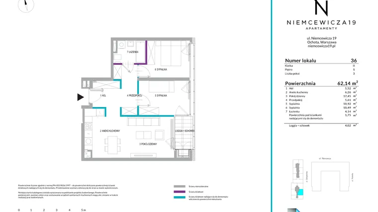 Rzut - Mieszkanie na sprzedaż 3 pokoje o powierzchni 62,14 m² - numer 36 w Apartamenty Niemcewicza 19
