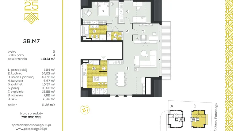 Rzut - Mieszkanie na sprzedaż 4 pokoje o powierzchni 119,61 m² - numer 3B.M7 w Potockiego 25
