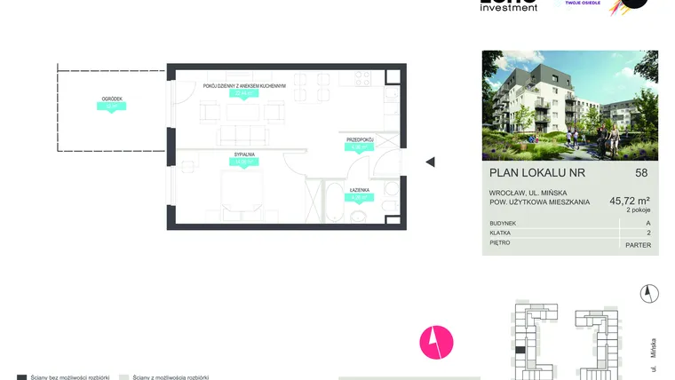 Rzut - Mieszkanie na sprzedaż 2 pokoje o powierzchni 45,72 m² - numer 58 w Stacja 3.0