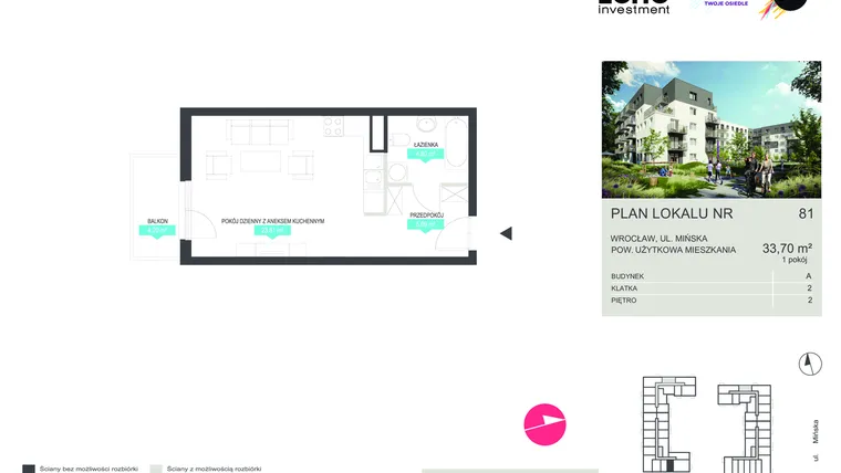 Rzut - Mieszkanie na sprzedaż 1 pokój o powierzchni 33,7 m² - numer 81 w Stacja 3.0