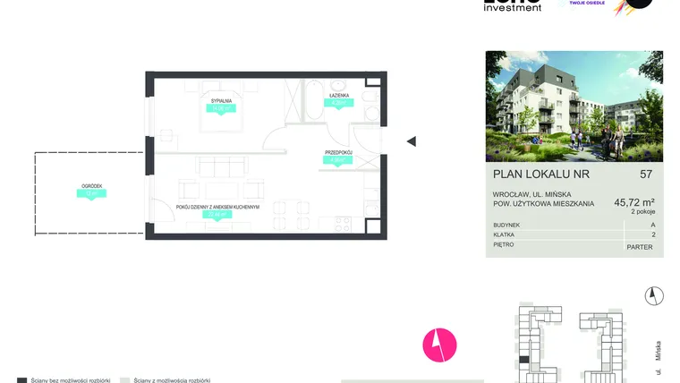 Rzut - Mieszkanie na sprzedaż 2 pokoje o powierzchni 45,72 m² - numer 57 w Stacja 3.0
