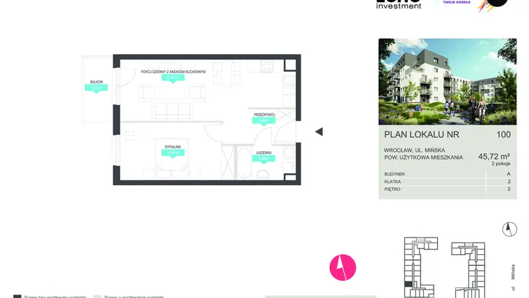 Rzut - Mieszkanie na sprzedaż 2 pokoje o powierzchni 45,72 m² - numer 100 w Stacja 3.0