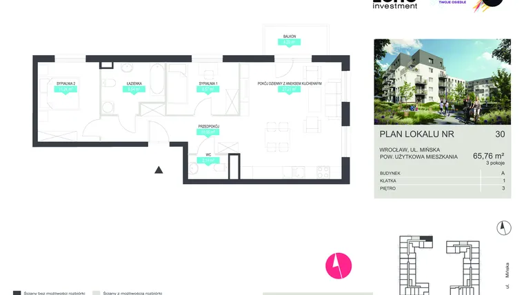 Rzut - Mieszkanie na sprzedaż 3 pokoje o powierzchni 65,76 m² - numer 30 w Stacja 3.0