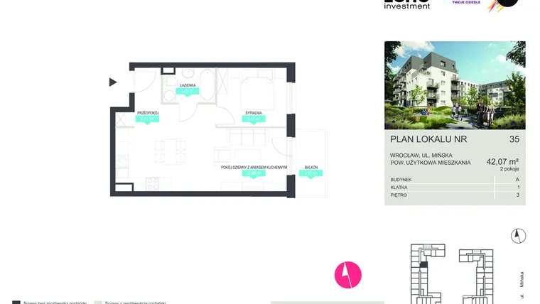 Rzut - Mieszkanie na sprzedaż 2 pokoje o powierzchni 42,07 m² - numer 35 w Stacja 3.0