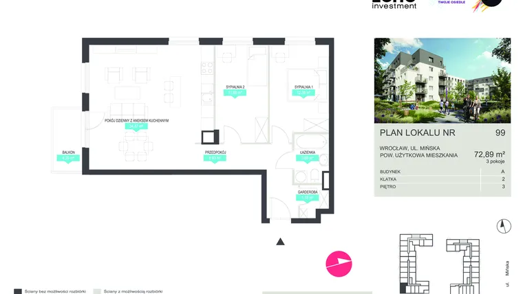 Rzut - Mieszkanie na sprzedaż 3 pokoje o powierzchni 72,89 m² - numer 99 w Stacja 3.0