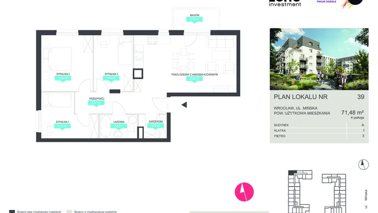 Rzut - Mieszkanie na sprzedaż 4 pokoje o powierzchni 71,48 m² - numer 39 w Stacja 3.0
