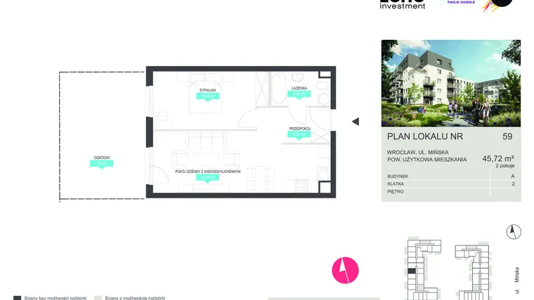 Rzut - Mieszkanie na sprzedaż 2 pokoje o powierzchni 45,72 m² - numer 59 w Stacja 3.0