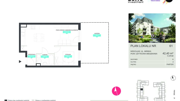 Rzut - Mieszkanie na sprzedaż 2 pokoje o powierzchni 42,4 m² - numer 61 w Stacja 3.0