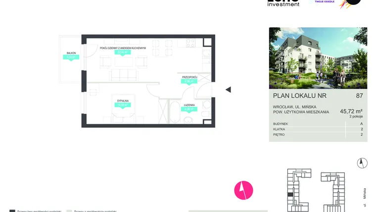 Rzut - Mieszkanie na sprzedaż 2 pokoje o powierzchni 45,72 m² - numer 87 w Stacja 3.0