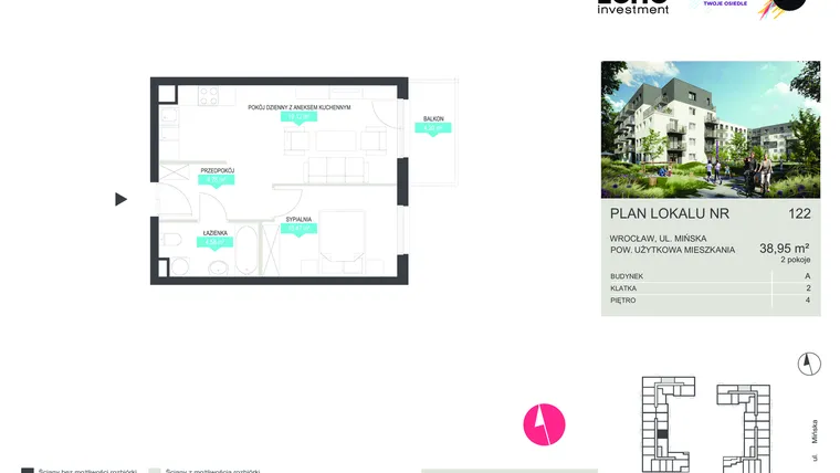 Rzut - Mieszkanie na sprzedaż 2 pokoje o powierzchni 38,95 m² - numer 122 w Stacja 3.0
