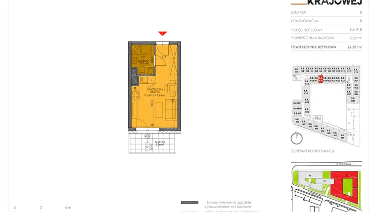 Rzut - Mieszkanie na sprzedaż 1 pokój o powierzchni 22,58 m² - numer B.8.H18 w Armii Krajowej 7