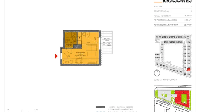 Rzut - Mieszkanie na sprzedaż 1 pokój o powierzchni 23,79 m² - numer B.3.H39 w Armii Krajowej 7