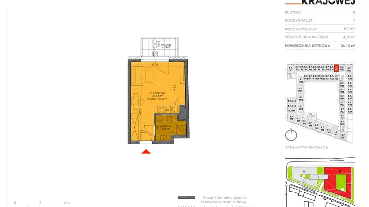 Rzut - Mieszkanie na sprzedaż 1 pokój o powierzchni 26,14 m² - numer B.7.H11 w Armii Krajowej 7