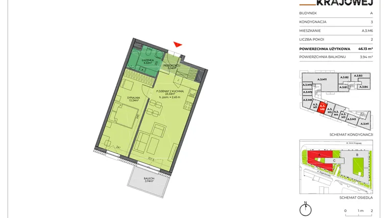 Rzut - Mieszkanie na sprzedaż 2 pokoje o powierzchni 46,13 m² - numer A.3.M6 w Armii Krajowej 7