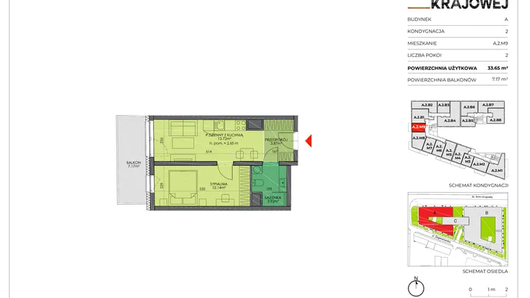 Rzut - Mieszkanie na sprzedaż 2 pokoje o powierzchni 45,89 m² - numer A.2.M9 w Armii Krajowej 7