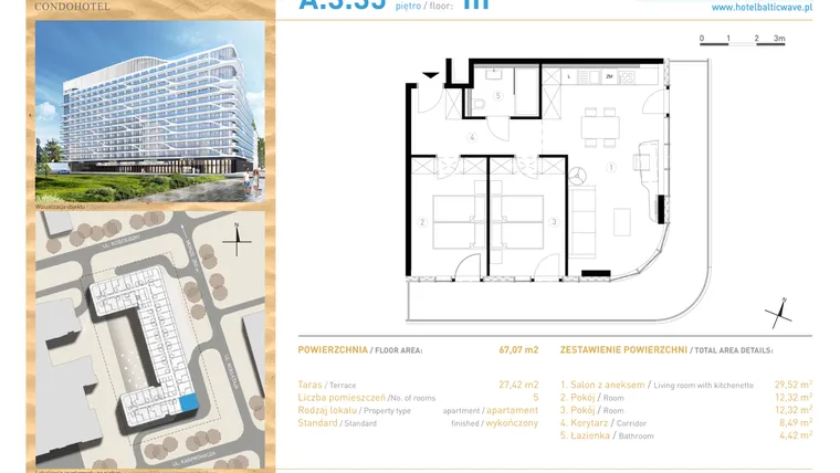 Rzut - Mieszkanie na sprzedaż 3 pokoje o powierzchni 67,07 m² - numer 3.35 w Baltic Wave