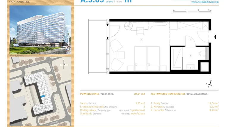 Rzut - Mieszkanie na sprzedaż 1 pokój o powierzchni 29,41 m² - numer 3.03 w Baltic Wave