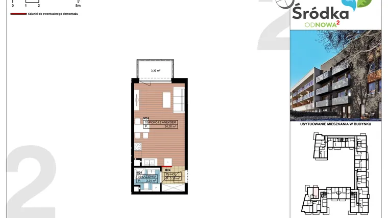 Rzut - Mieszkanie na sprzedaż 1 pokój o powierzchni 31,11 m² - numer A1.M24 w Śródka od Nowa 2