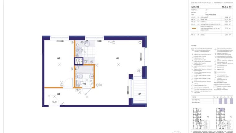 Rzut - Mieszkanie na sprzedaż 2 pokoje o powierzchni 45,51 m² - numer A2M602 w Home Factory