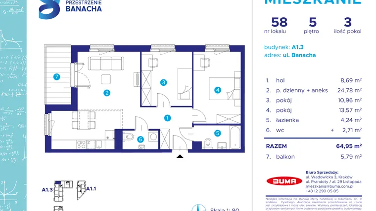 Rzut - Mieszkanie na sprzedaż 3 pokoje o powierzchni 65,12 m² - numer A1.3-M-58 w Przestrzenie Banacha