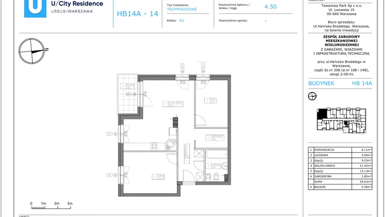 Rzut - Mieszkanie na sprzedaż 3 pokoje o powierzchni 59,58 m² - numer HB 14A - 14 w Ursus City Residence
